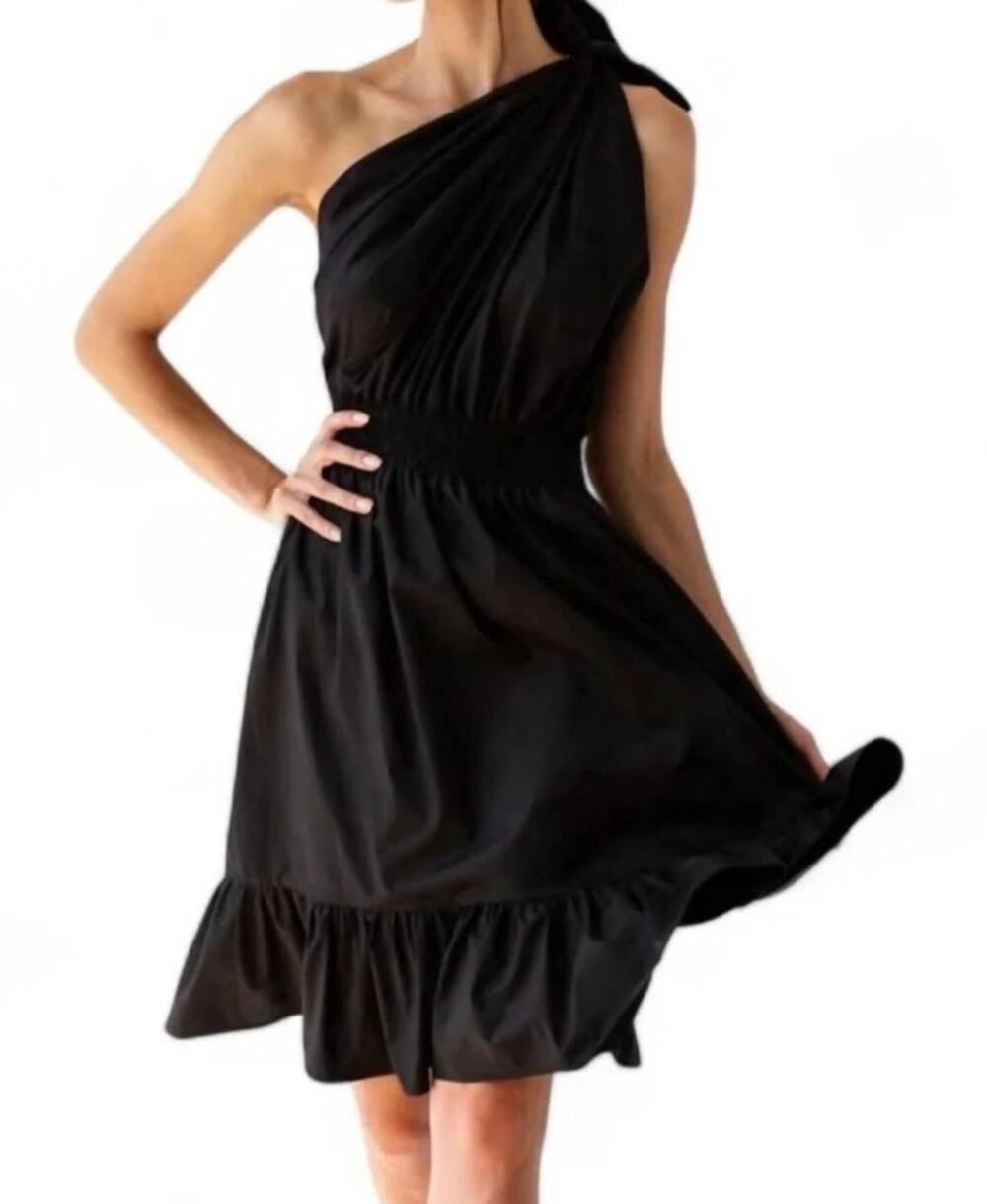 MONICA NERA Demi Mini Dress Black One Shoulder Self Tie Smocked Women's S